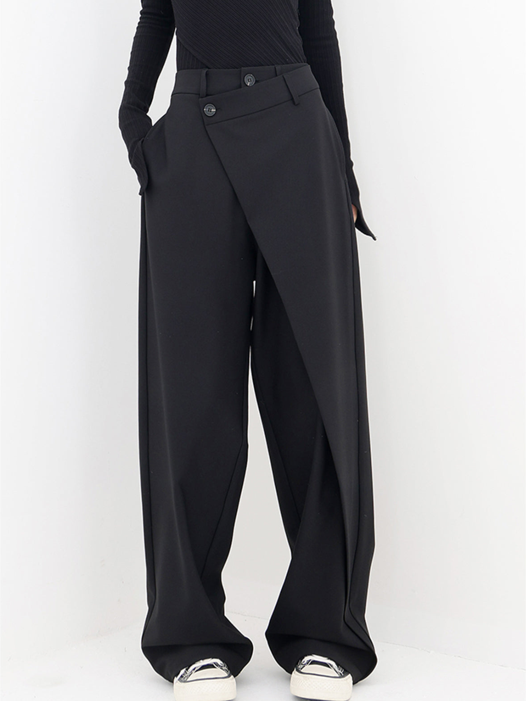 Women's High Waist Wrap Front Wide Leg Pants – Double Button Tailored Office