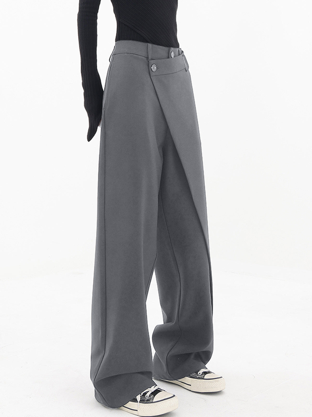 Women's High Waist Wrap Front Wide Leg Pants – Double Button Tailored Office