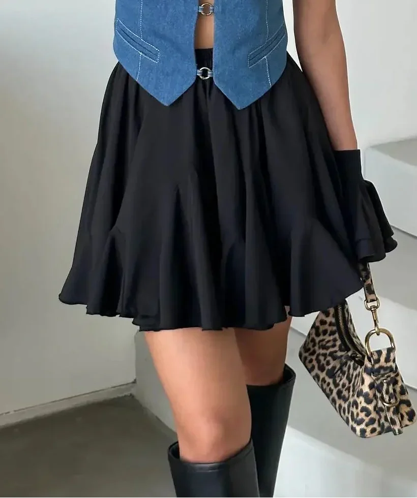 Women's High Waisted Flared Mini Skirt – Built-In Shorts Ruffle Hem Casual