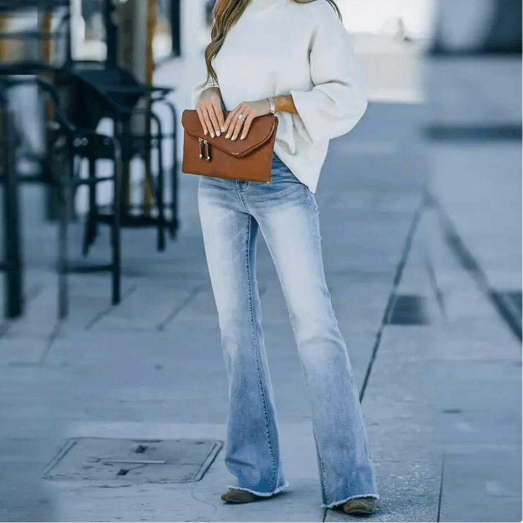 Women's High Waisted Slim Flare Denim Jeans – Raw Hem 5 Pocket Casual