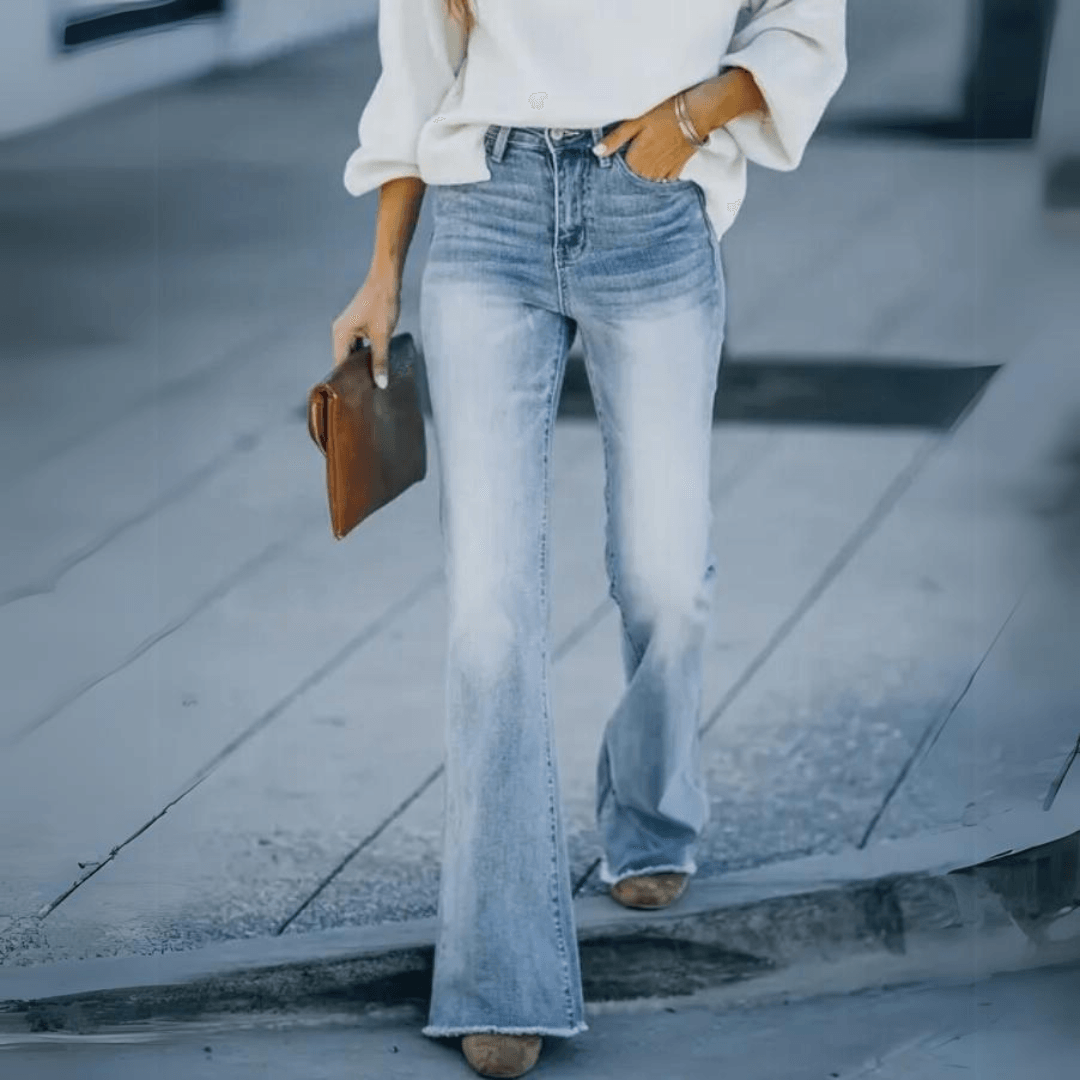 Women's High Waisted Slim Flare Denim Jeans – Raw Hem 5 Pocket Casual