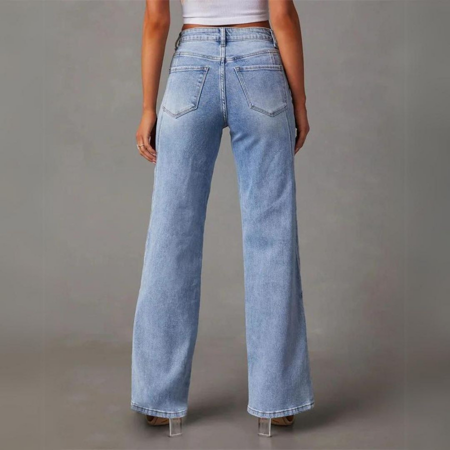 Women's High Waisted Straight Leg Denim Jeans – Front Seam Five Pocket Casual