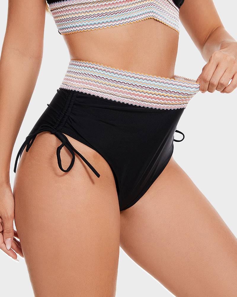 Women's High Waisted Striped Trim Bikini Set – Halter V Neck Ruched Bottom Beach
