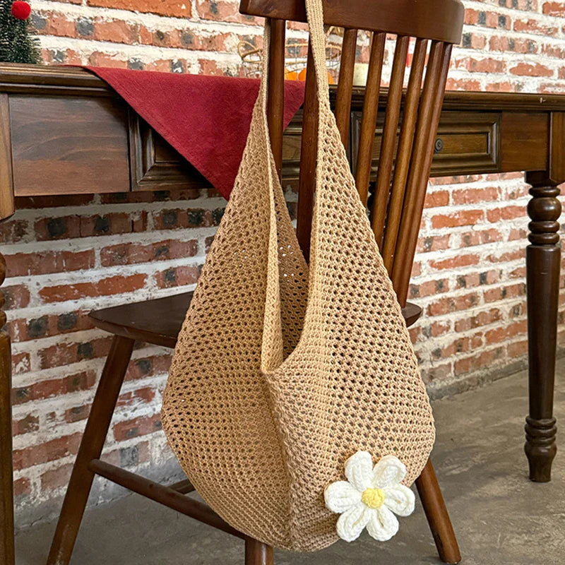 Women's Hollow Weave Crochet Shoulder Bag – Flower Appliqué Hobo Beach Summer