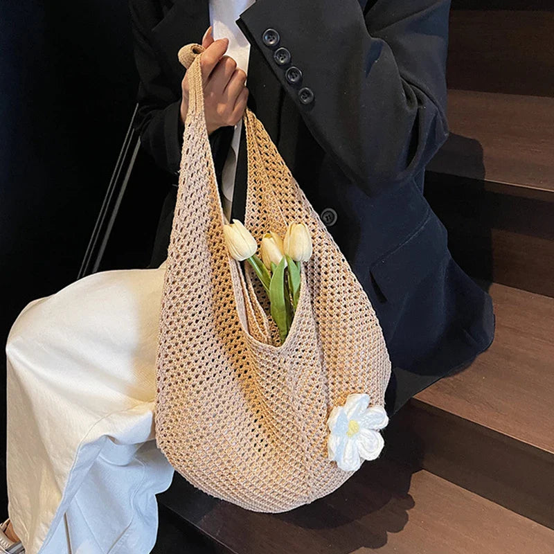 Women's Hollow Weave Crochet Shoulder Bag – Flower Appliqué Hobo Beach Summer