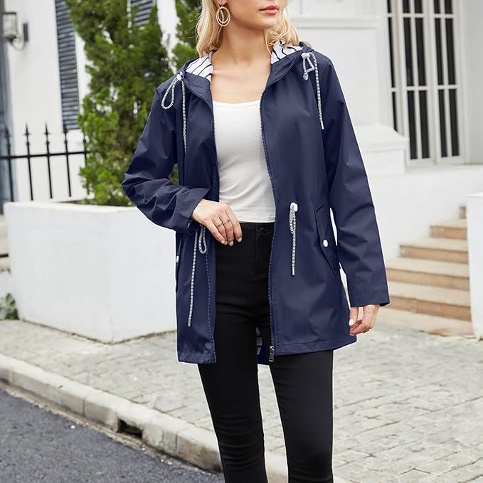Women's Hooded Windbreaker Rain Jacket – Zip Front Stripe Lined Hood Drawstring