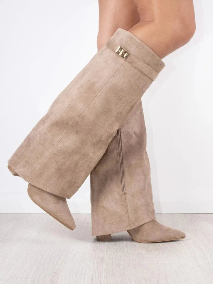 Women's Knee High Boots – Pointed Toe Fold Over Wedge Heel Side Zip Casual
