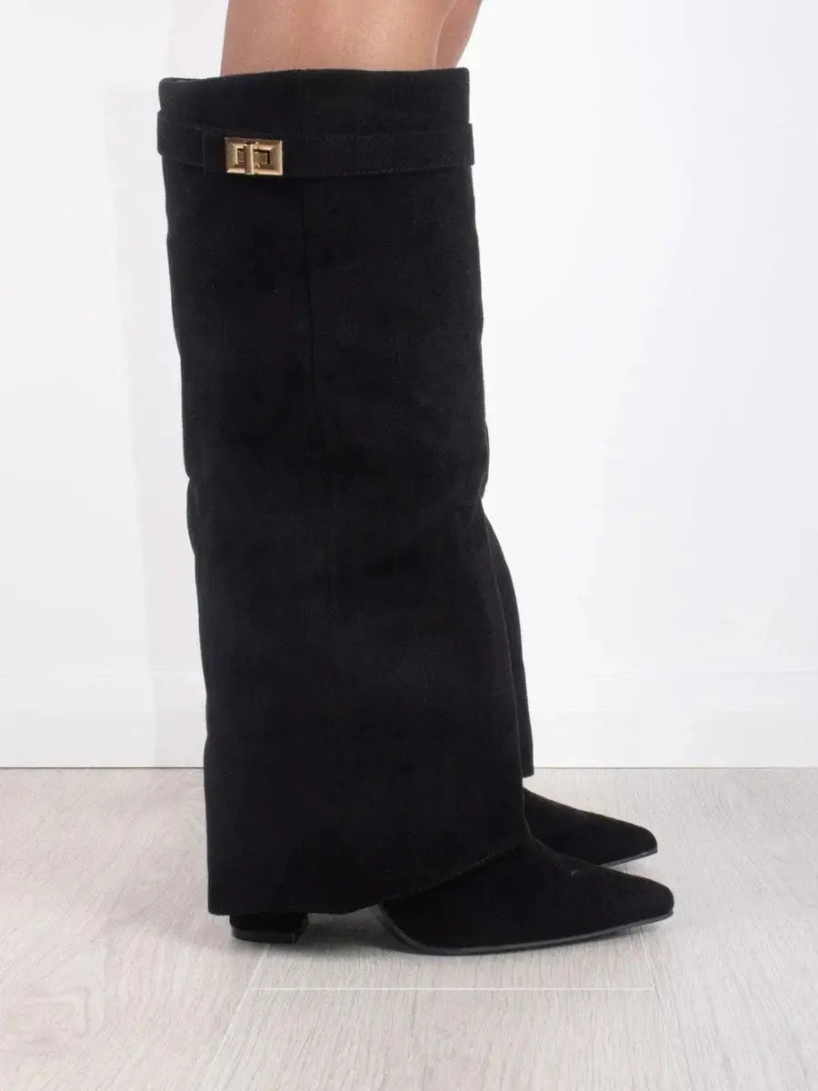 Women's Knee High Boots – Pointed Toe Fold Over Wedge Heel Side Zip Casual
