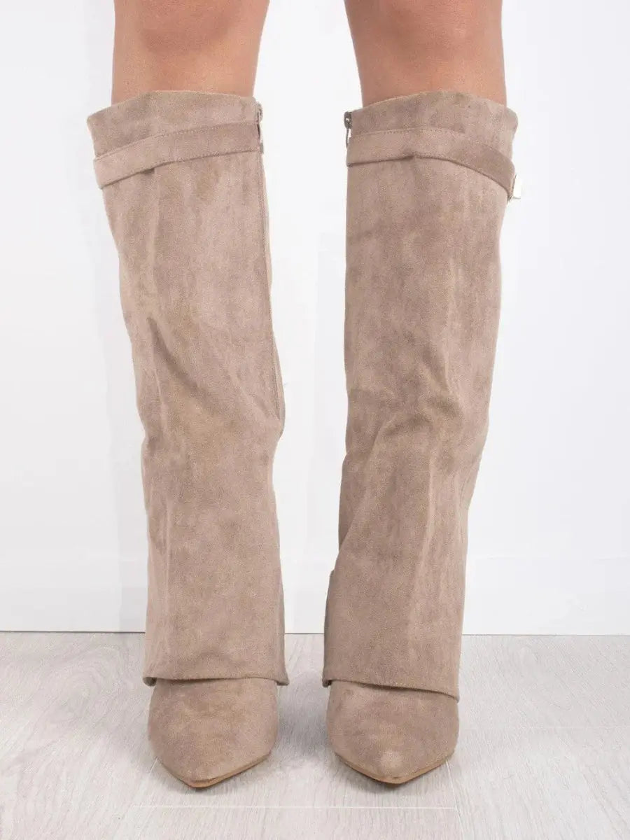 Women's Knee High Boots – Pointed Toe Fold Over Wedge Heel Side Zip Casual