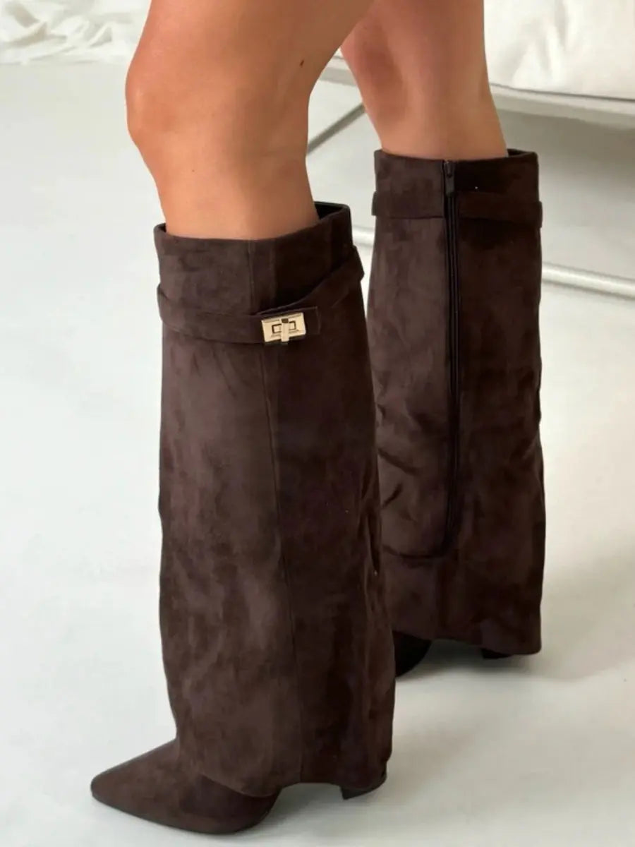 Women's Knee High Boots – Pointed Toe Fold Over Wedge Heel Side Zip Casual