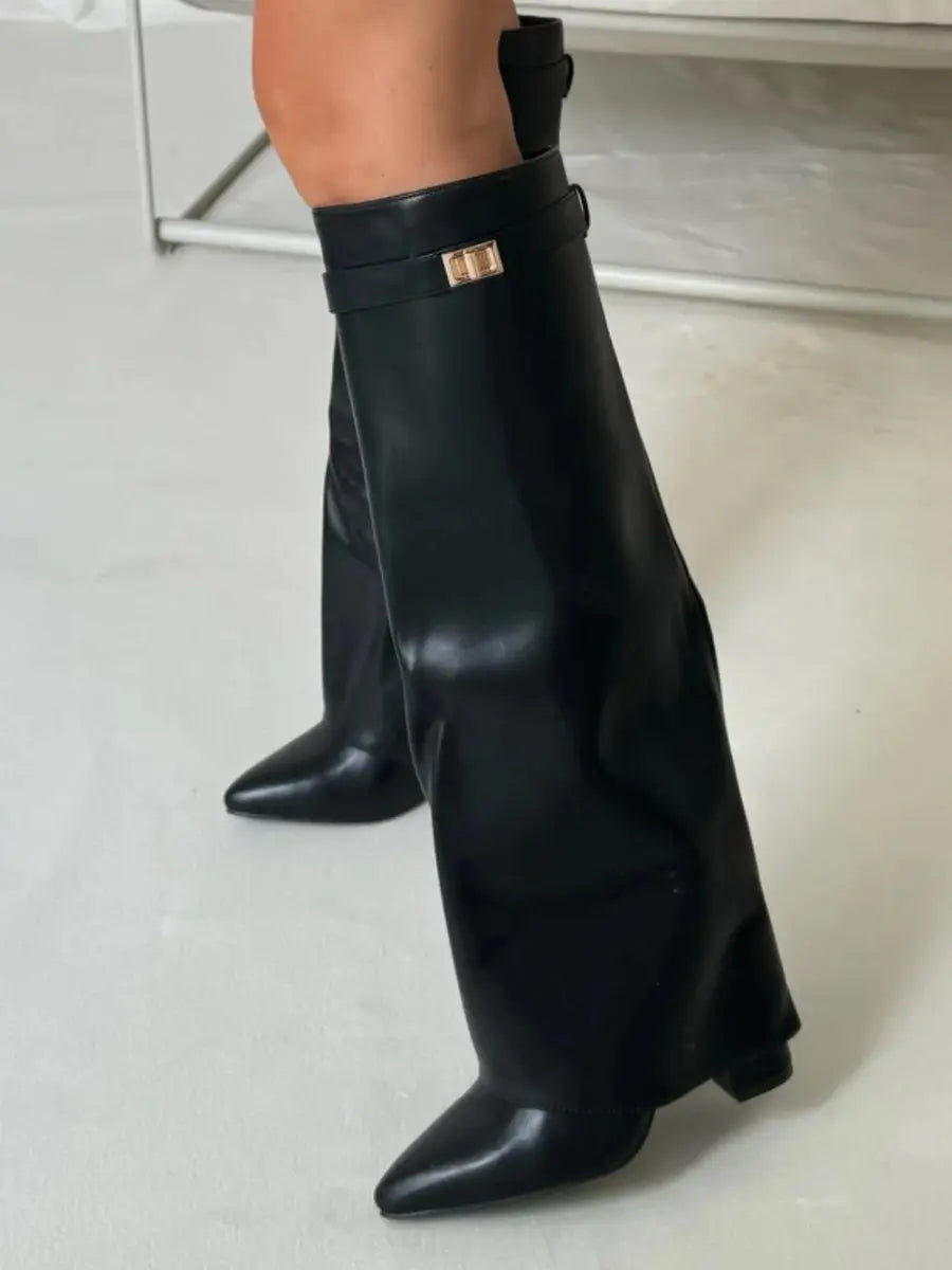 Women's Knee High Boots – Pointed Toe Fold Over Wedge Heel Side Zip Casual
