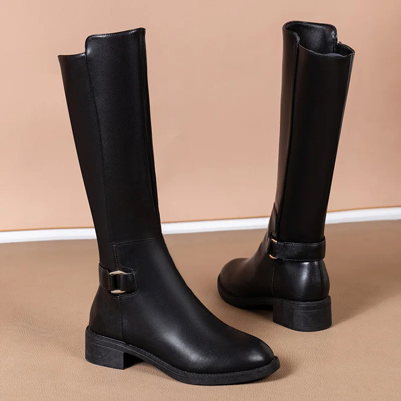 Women's Knee High Boots – Round Toe Buckle Strap Side Zip Block Heel Casual