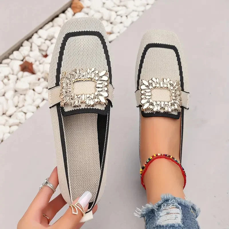 Women's Knit Colorblock Loafer – Square Toe Crystal Buckle Slip On Flat