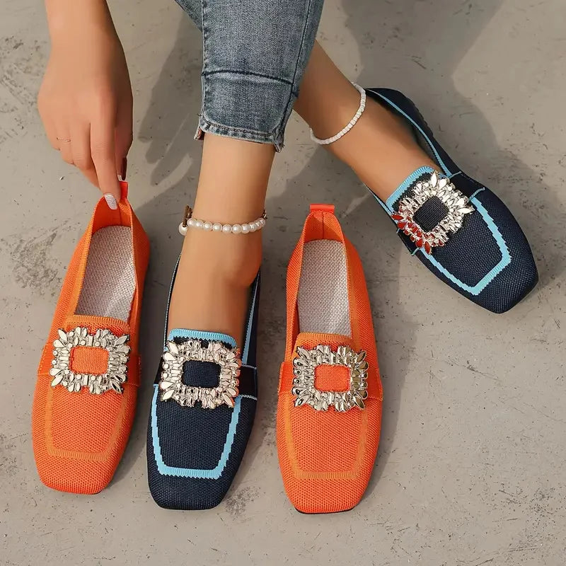 Women's Knit Colorblock Loafer – Square Toe Crystal Buckle Slip On Flat