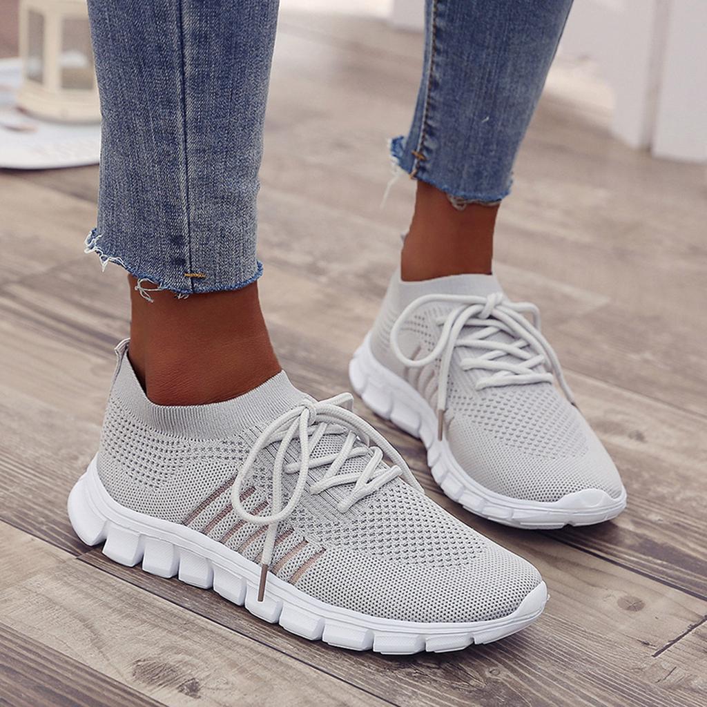 Women's Knit Mesh Lace-Up Sneakers – Side Stripe Casual Athletic Walking