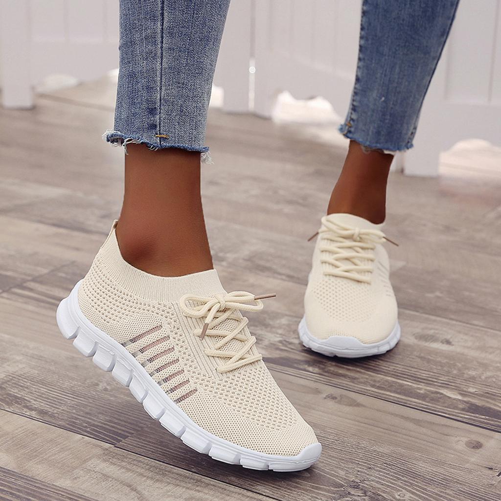 Women's Knit Mesh Lace-Up Sneakers – Side Stripe Casual Athletic Walking