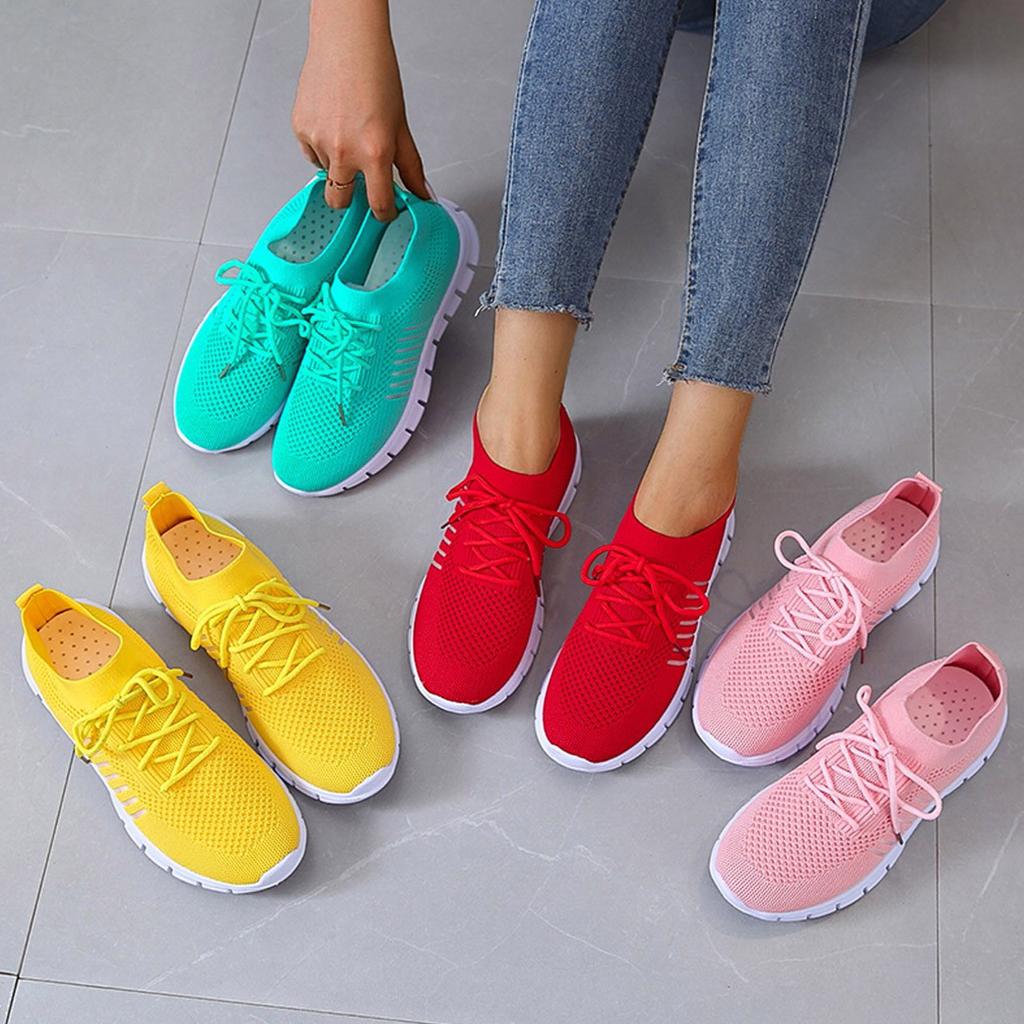 Women's Knit Mesh Lace-Up Sneakers – Side Stripe Casual Athletic Walking
