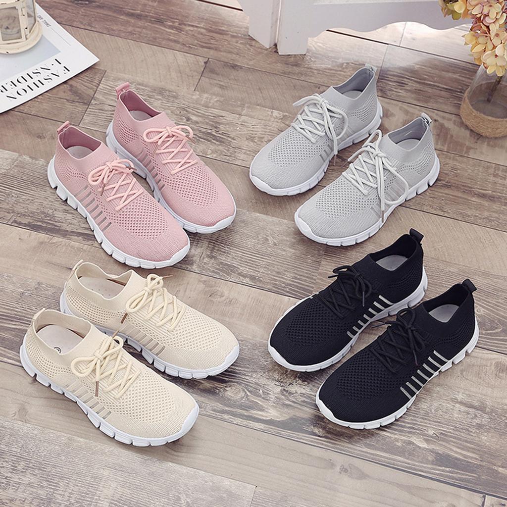 Women's Knit Mesh Lace-Up Sneakers – Side Stripe Casual Athletic Walking