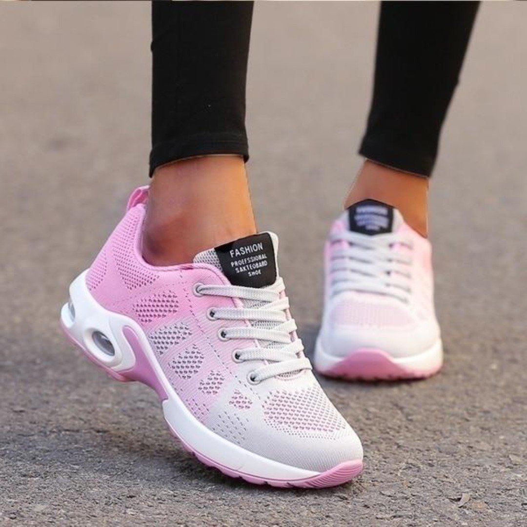 Women's Knit Mesh Running Sneakers – Lace Up Air Cushion Sole Colorblock