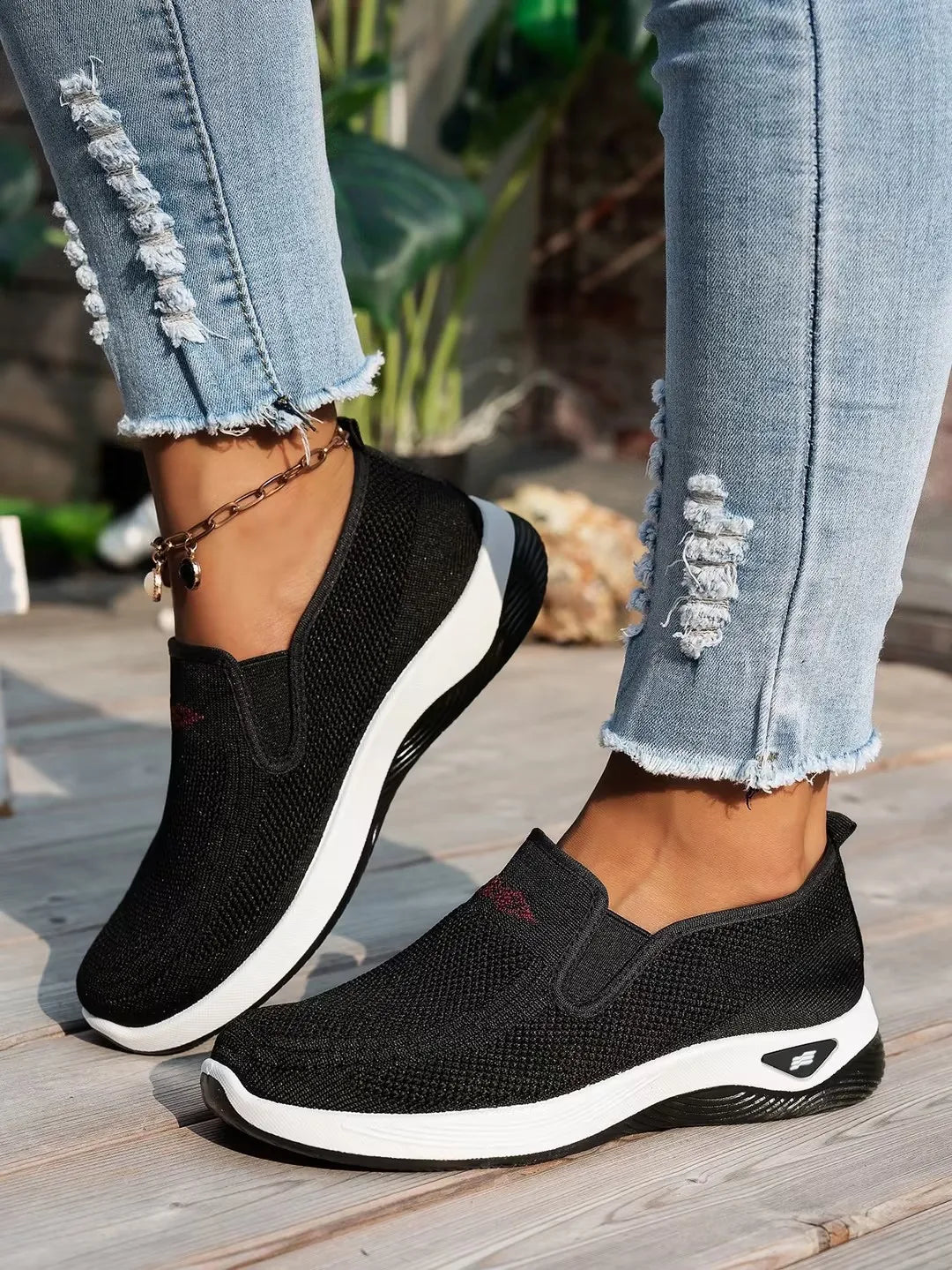 Women's Knit Slip-On Sneakers – Closed Toe Low Top Walking Casual Shoes