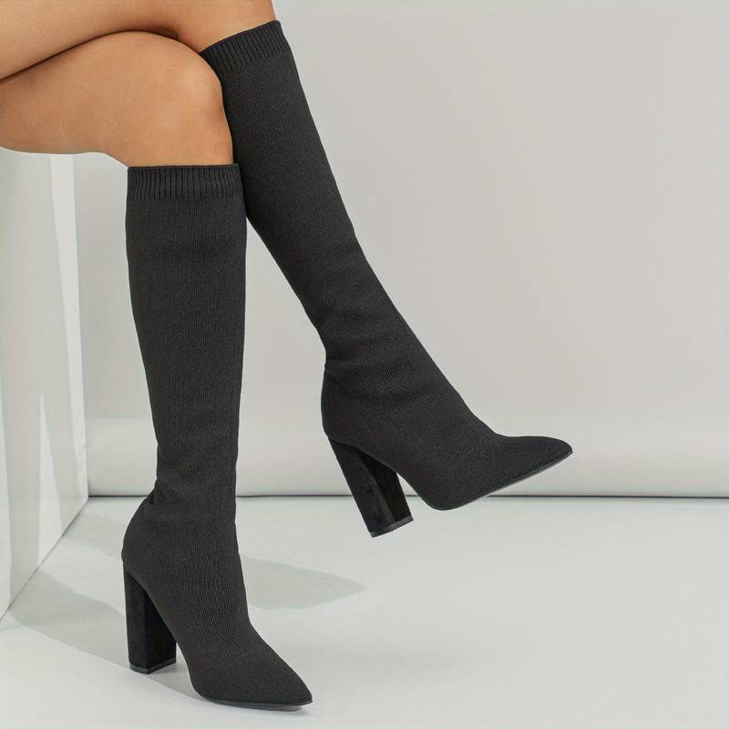 Women's Knit Sock Knee High Boots – Pointed Toe Block Heel Slip On Casual