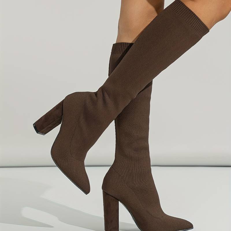 Women's Knit Sock Knee High Boots – Pointed Toe Block Heel Slip On Casual