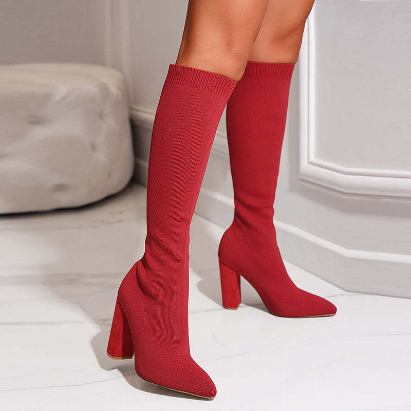Women's Knit Sock Knee High Boots – Pointed Toe Block Heel Slip On Casual