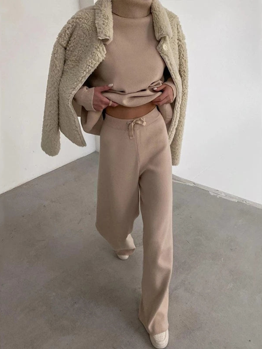 Women's Knit Turtleneck Sweater and Wide Leg Pants – Oversized Lounge 2 Piece Set