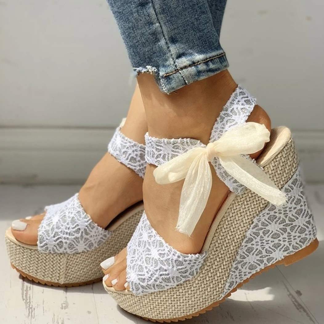 Women's Lace Espadrille Wedge Sandals – Open Toe Ankle Strap Bow Summer