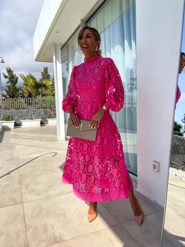 Women's Lace Midi Dress – High Neck Puff Sleeve A-Line Wedding Guest