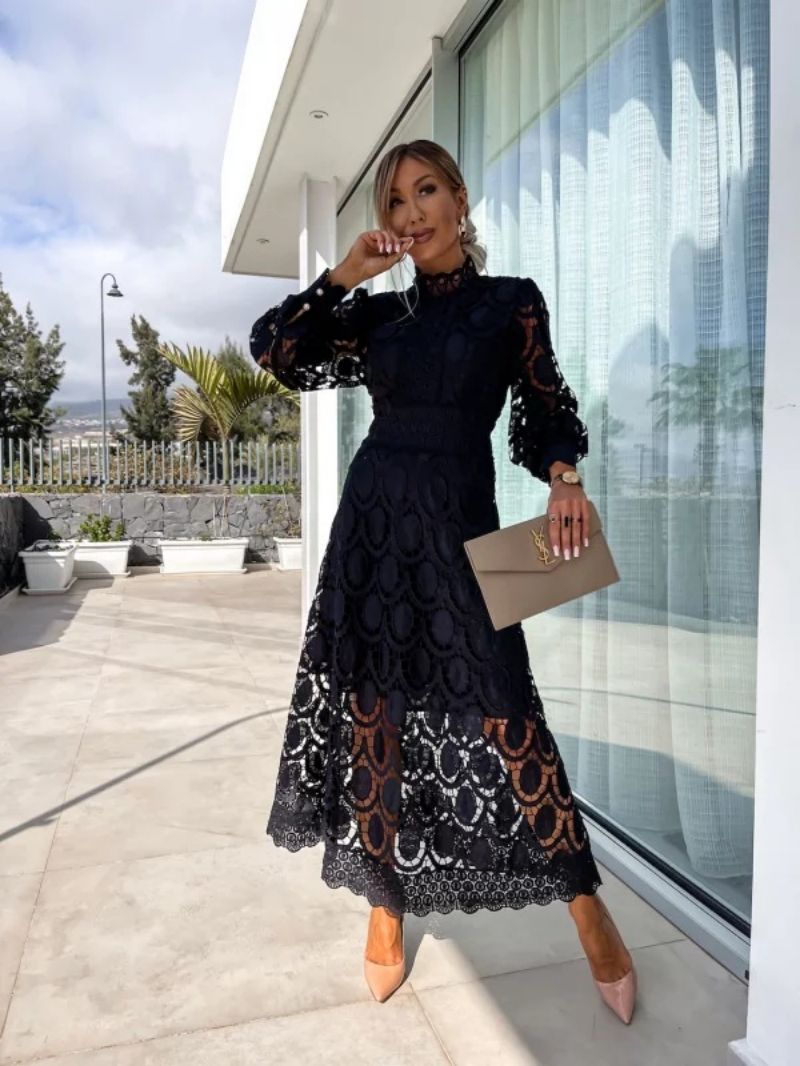 Women's Lace Midi Dress – High Neck Puff Sleeve A-Line Wedding Guest