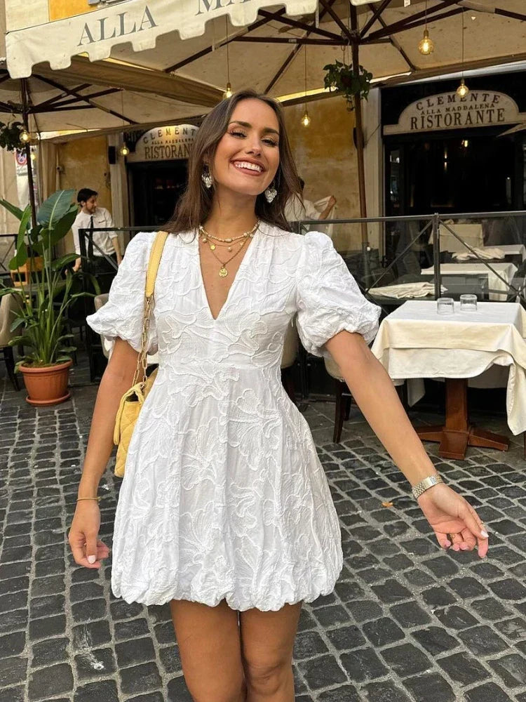 Women's Lace Mini Dress – V Neck Puff Sleeve Bubble Hem Wedding Guest