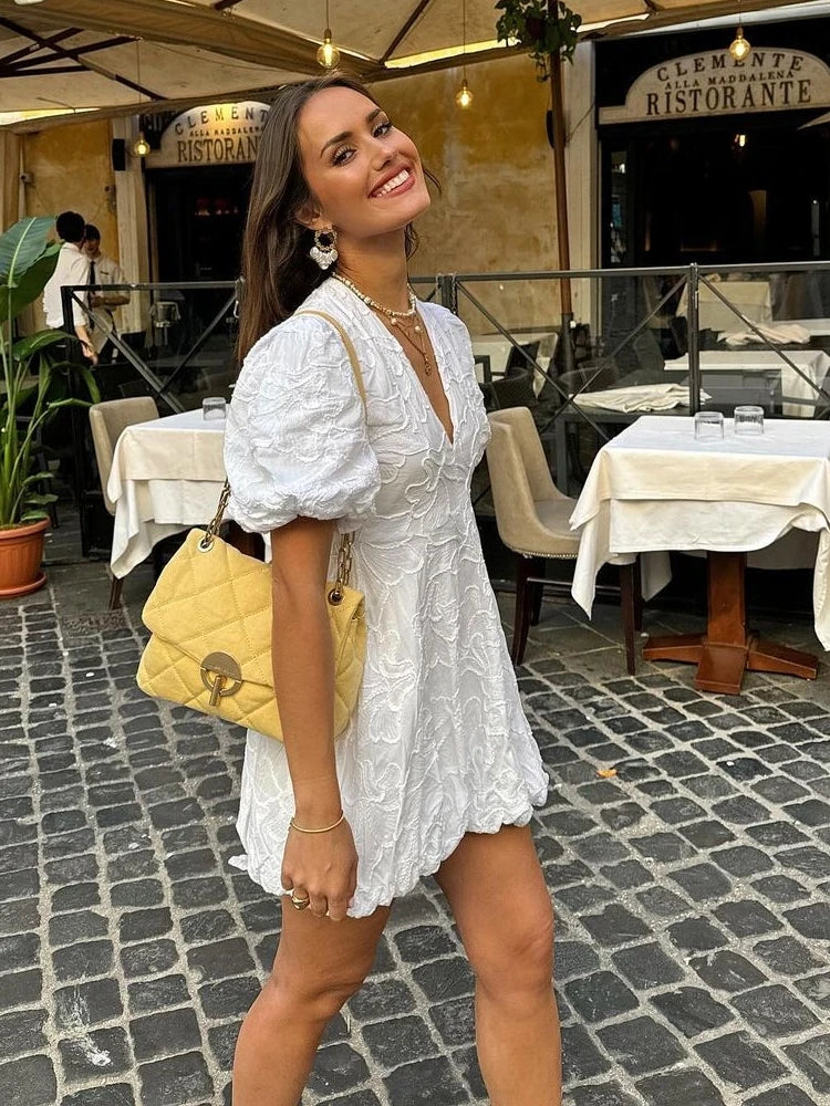 Women's Lace Mini Dress – V Neck Puff Sleeve Bubble Hem Wedding Guest