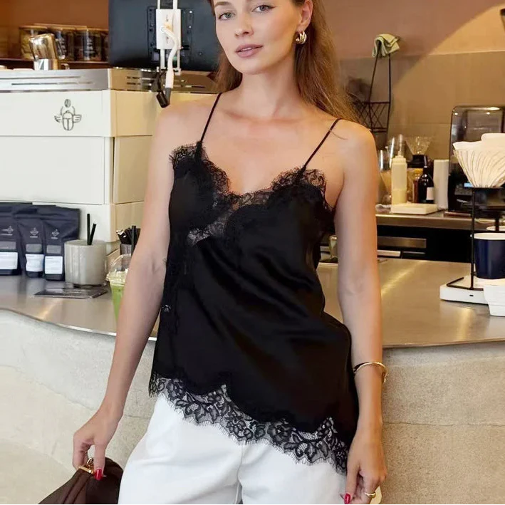 Women's Lace Trim Camisole Top – V Neck Spaghetti Strap Open Back Summer