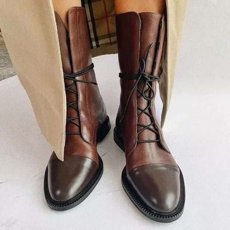 Women's Lace Up Ankle Boots – Cap Toe Flat Sole Two Tone Upper Casual Winter