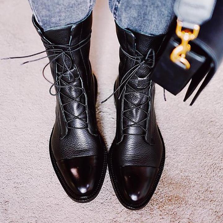 Women's Lace Up Ankle Boots – Cap Toe Flat Sole Two Tone Upper Casual Winter