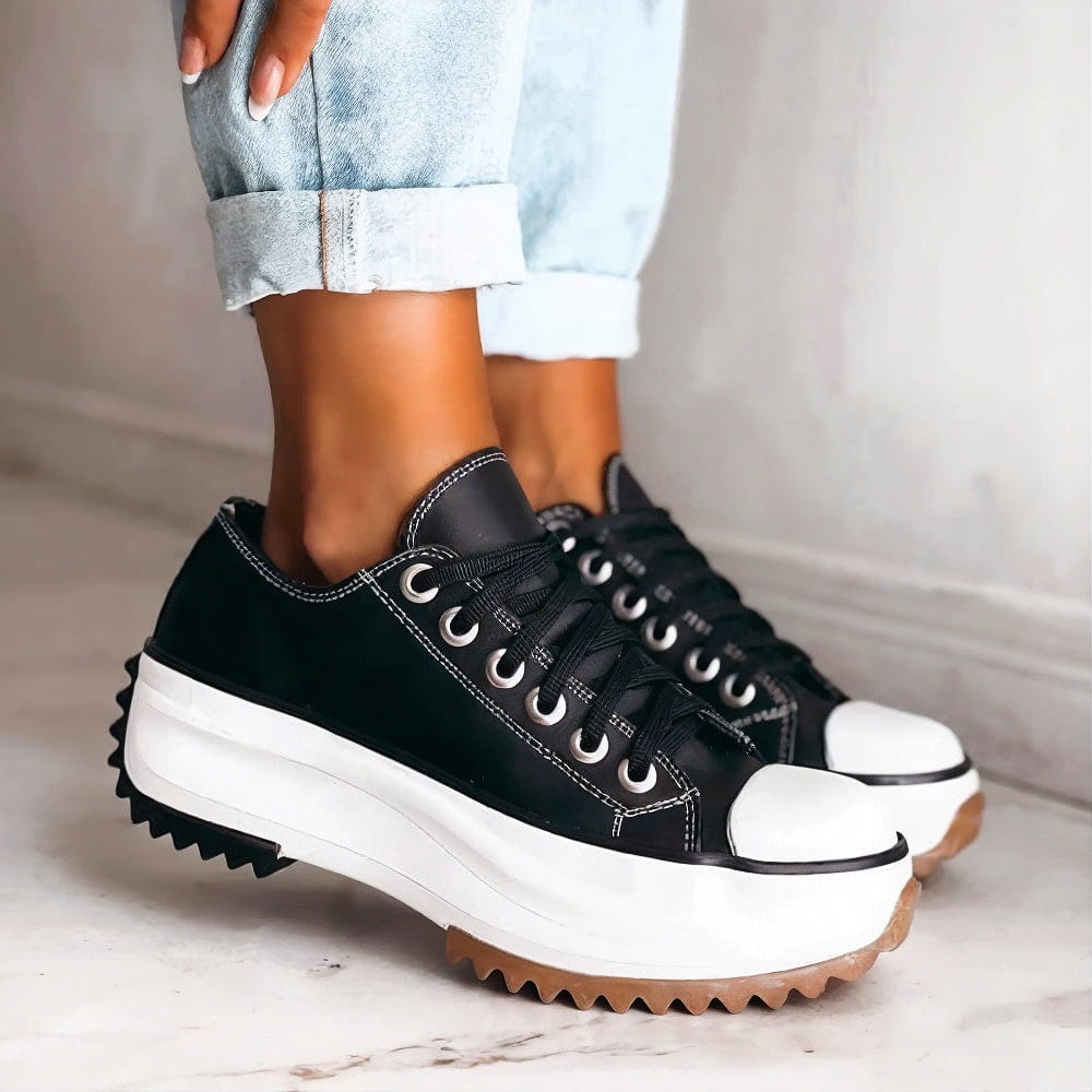 Women's Lace-Up Low Top Platform Sneakers – Serrated Lug Sole Toe Cap Street