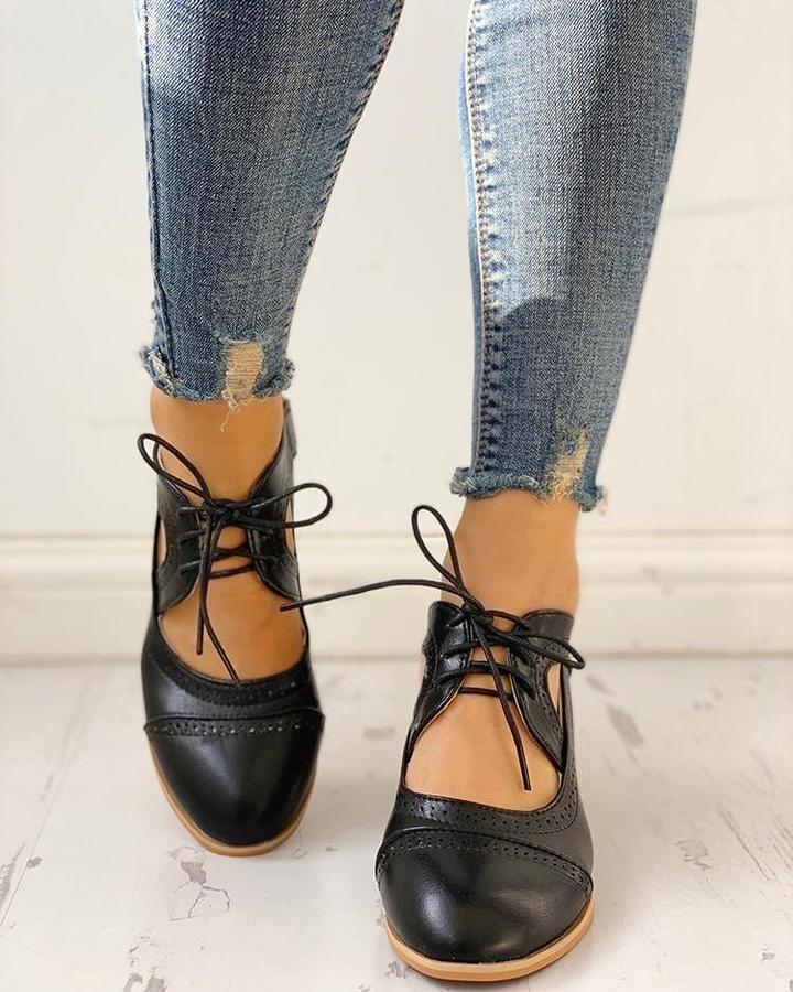 Women's Lace-Up Mary Jane Block Heel Pumps – Brogue Cutout Round Toe