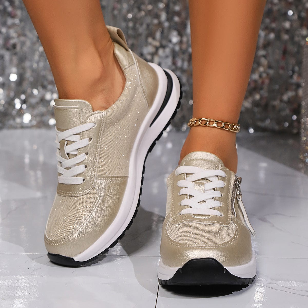 Women's Lace Up Zip Sneakers – Panelled Upper Platform Sole Casual