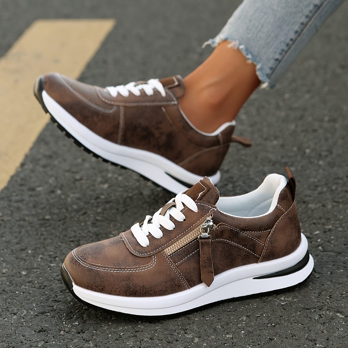 Women's Lace Up Zip Sneakers – Panelled Upper Platform Sole Casual