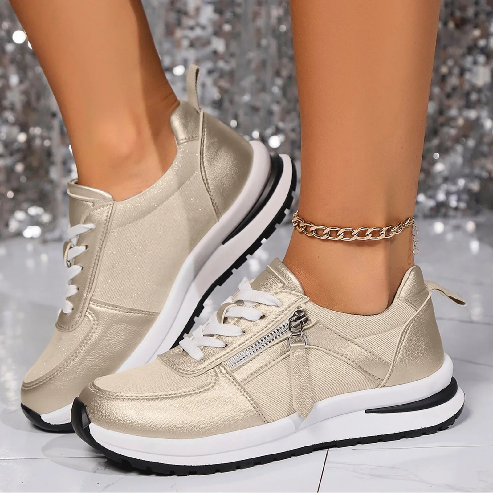 Women's Lace Up Zip Sneakers – Panelled Upper Platform Sole Casual