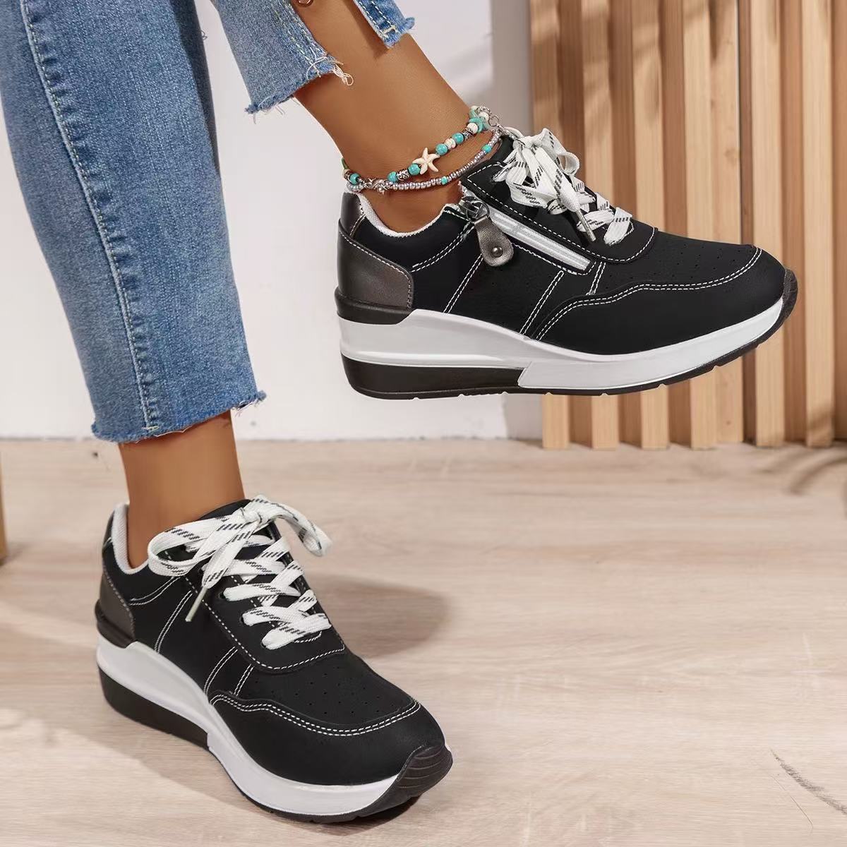 Women's Lace Up Zip Sneakers – Panelled Wedge Platform Sole Casual