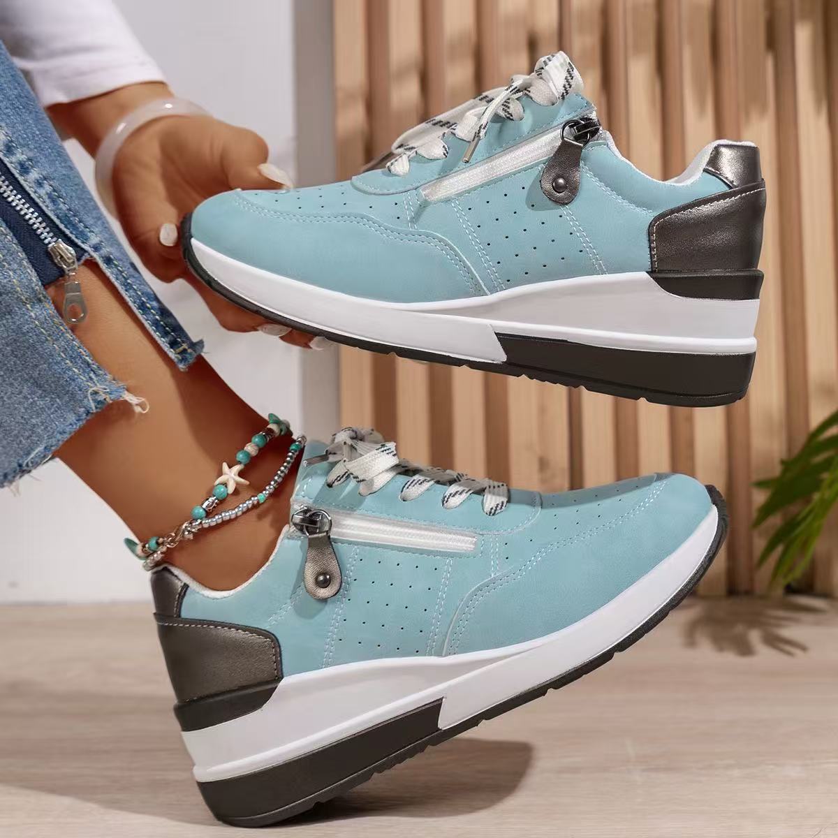 Women's Lace Up Zip Sneakers – Panelled Wedge Platform Sole Casual