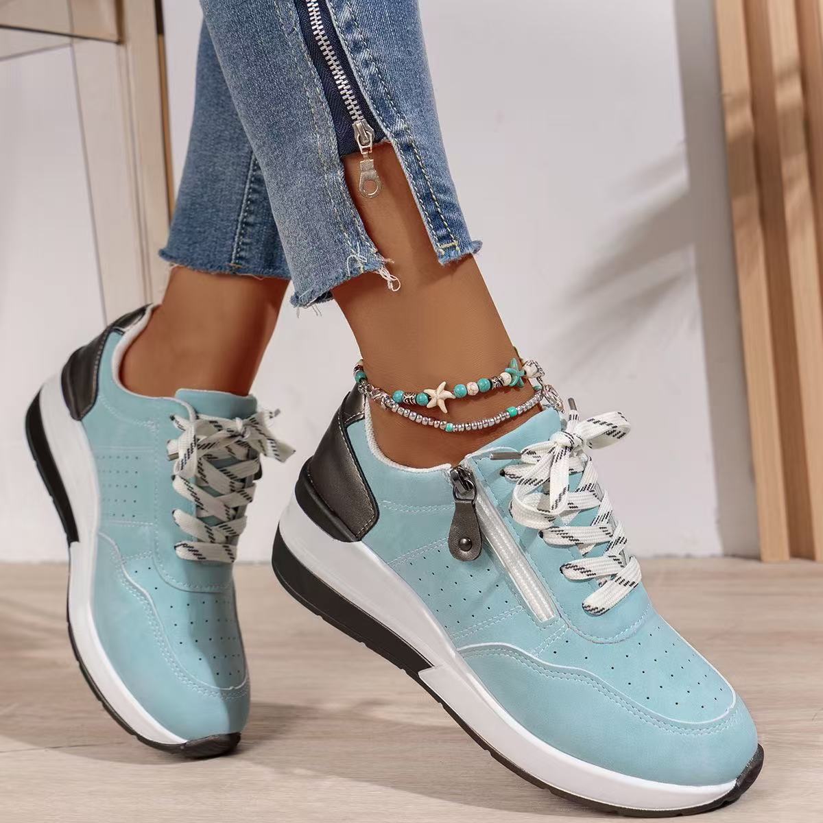 Women's Lace Up Zip Sneakers – Panelled Wedge Platform Sole Casual