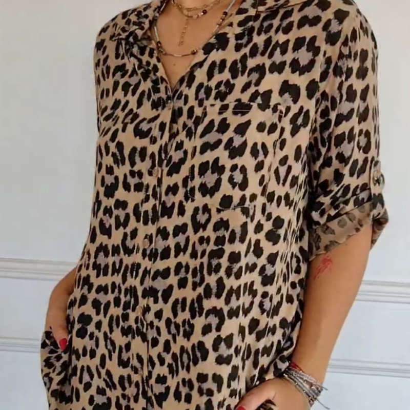 Women's Leopard Print Button Down Shirt – Point Collar Long Sleeve Casual