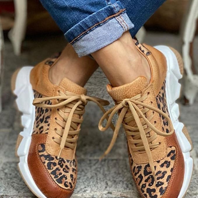 Women's Leopard Print Lace-Up Chunky Sole Sneakers – Color Block Low Top Casual