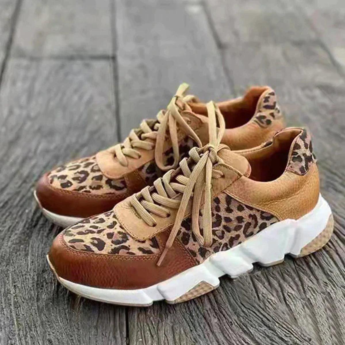 Women's Leopard Print Lace-Up Chunky Sole Sneakers – Color Block Low Top Casual