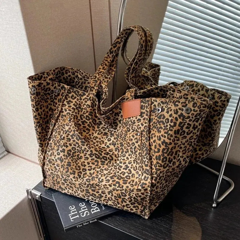 Women's Leopard Print Large Shoulder Tote Bag – Snap Side Open Top Casual