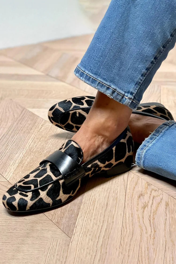 Women's Leopard Print Loafers – Slip On Round Toe Patent Bar Strap Flat