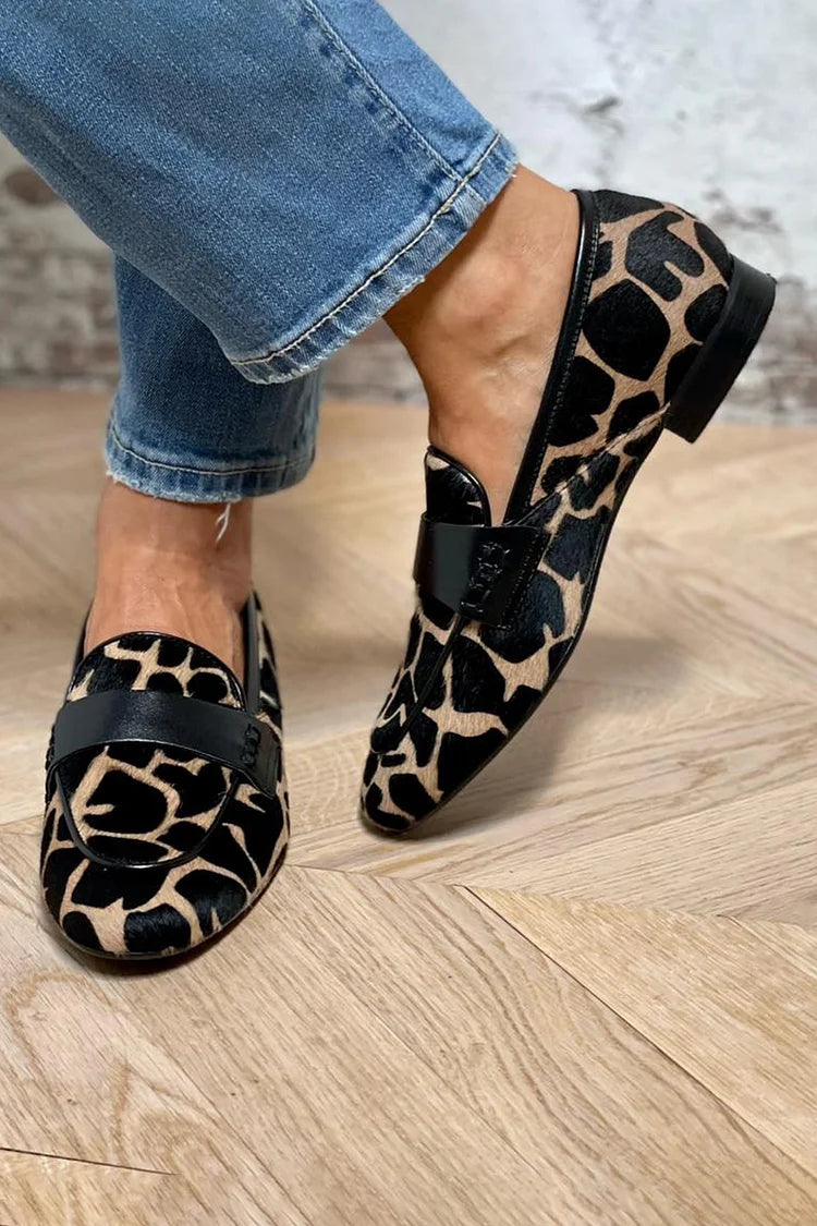 Women's Leopard Print Loafers – Slip On Round Toe Patent Bar Strap Flat